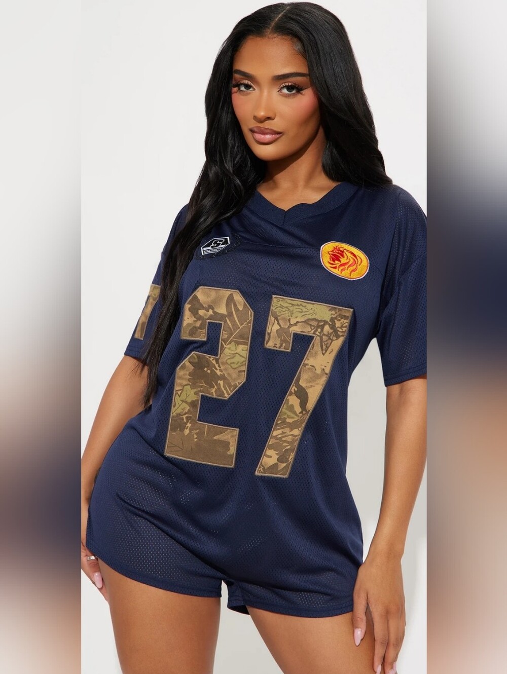 Fashion Nova Navy Mesh Jersey with Camo '27' and Gold Patch